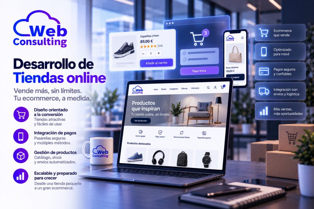 Desarrollo de tiendas online de Web Consulting: diseño orientado a la conversión, pagos seguros, gestión de productos y ecommerce escalable