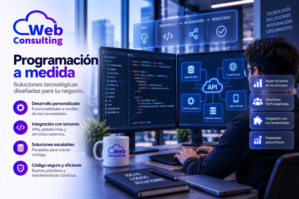 Programación a medida de Web Consulting: desarrollo personalizado, integración con terceros mediante API, soluciones escalables y código seguro