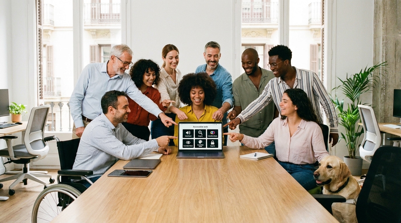 Desarrolladora web revisando criterios de accesibilidad WCAG en una pantalla con código HTML y herramientas de auditoría digital