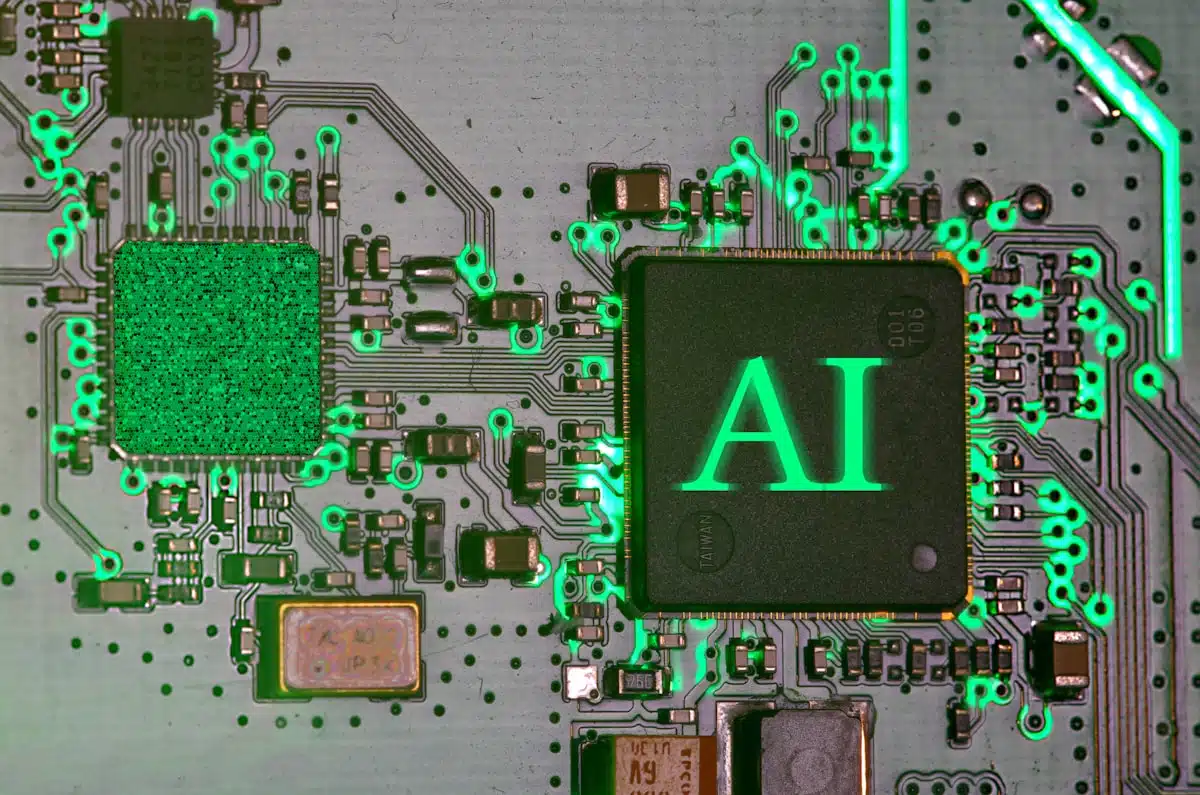 Chip de IA brillante sobre placa de circuito representando inteligencia artificial en negocios