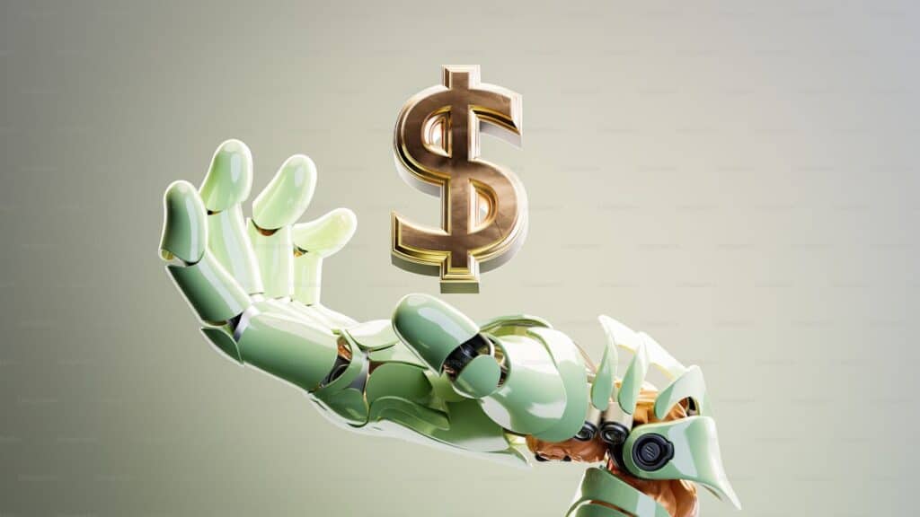 Robot sosteniendo un signo de dólar representando el coste de la IA para empresas