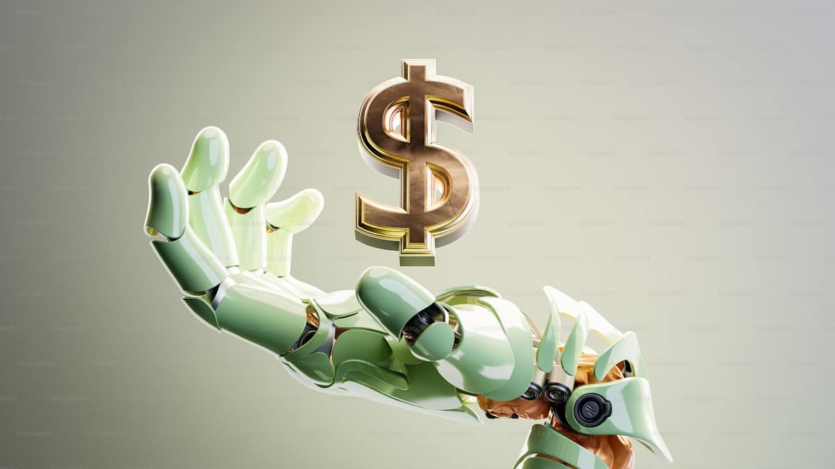 Robot sosteniendo un signo de dólar representando el coste de la IA para empresas