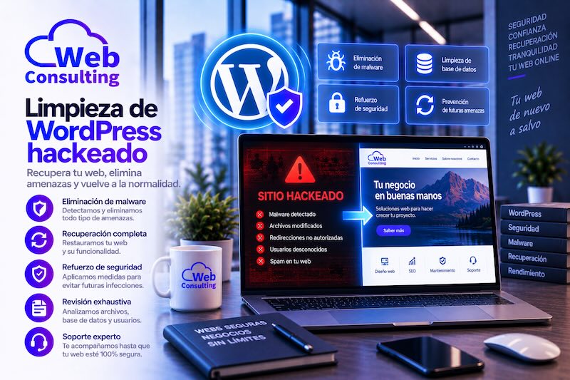 Limpieza de WordPress hackeado por Web Consulting: eliminación de malware, recuperación completa y refuerzo de seguridad