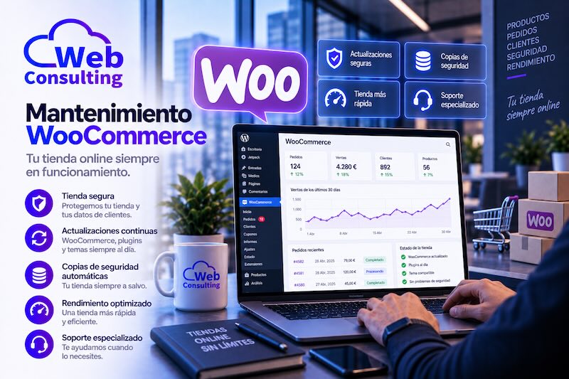 Mantenimiento WooCommerce de Web Consulting: tienda segura, actualizaciones continuas, copias de seguridad y soporte especializado
