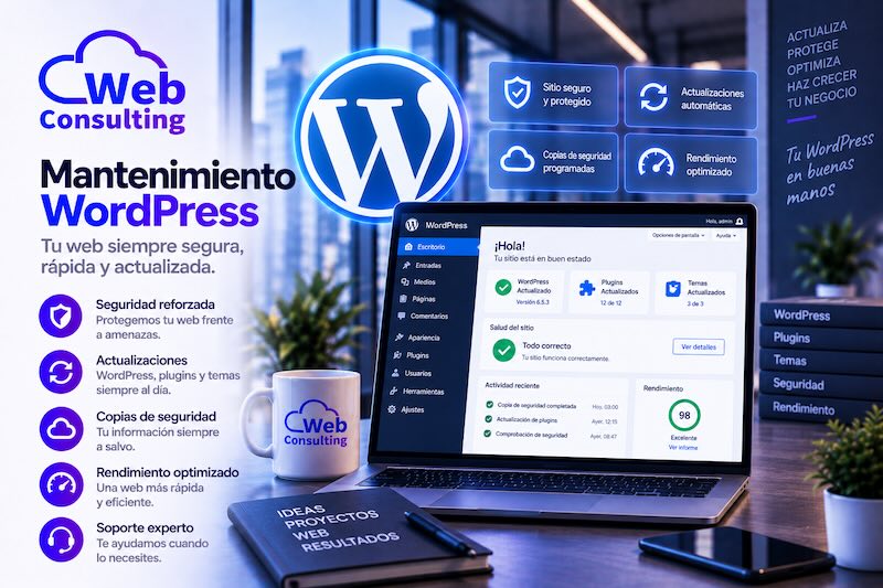 Mantenimiento WordPress de Web Consulting: seguridad reforzada, actualizaciones, copias de seguridad y rendimiento optimizado