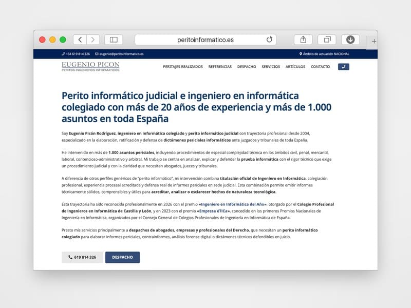 Web de Eugenio Picón, Perito Informático desarrollada por Web Consulting
