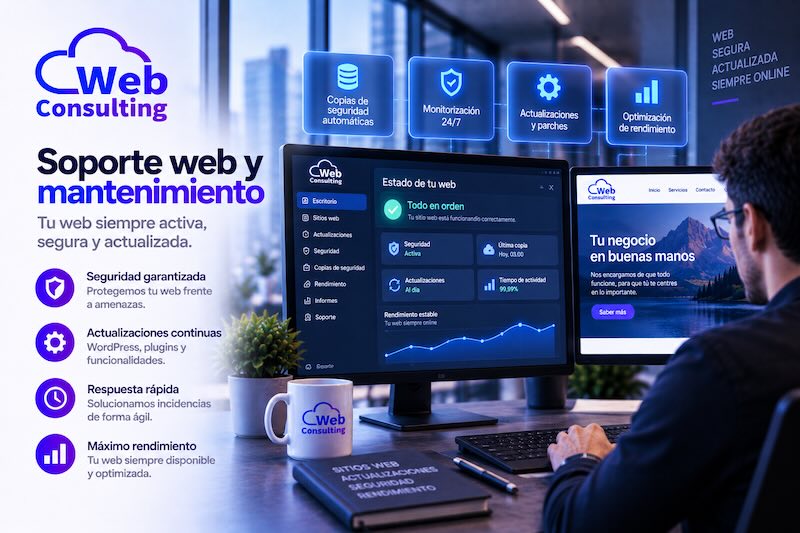 Soporte web y mantenimiento de Web Consulting: seguridad, actualizaciones continuas, respuesta rápida y máximo rendimiento