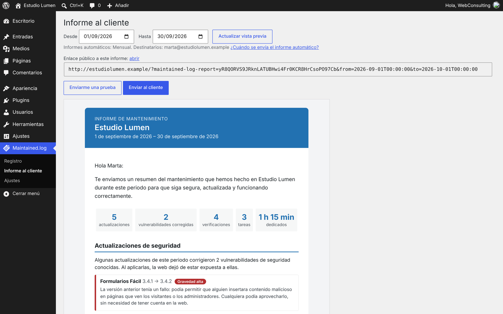 Vista previa del informe y envío al cliente desde el escritorio de WordPress